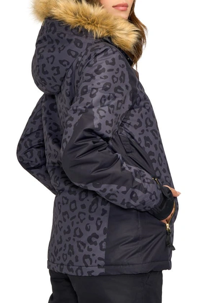 Shop Tipsy Elves Midnight Leopard Print Waterproof Jacket With Removable Faux Fur Trim In Black