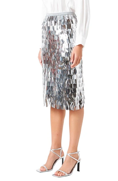 Shop Endless Rose Tiered Fringe Metallic Pencil Skirt In Silver