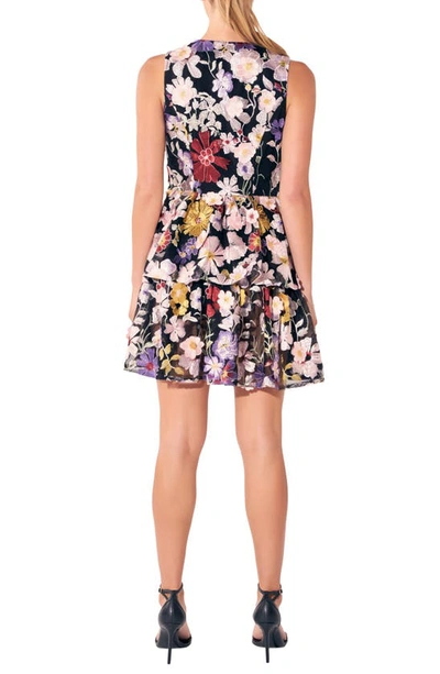 Endless Rose Tiered Embroidered Velvet Fit & Flare Minidress In Black Multi