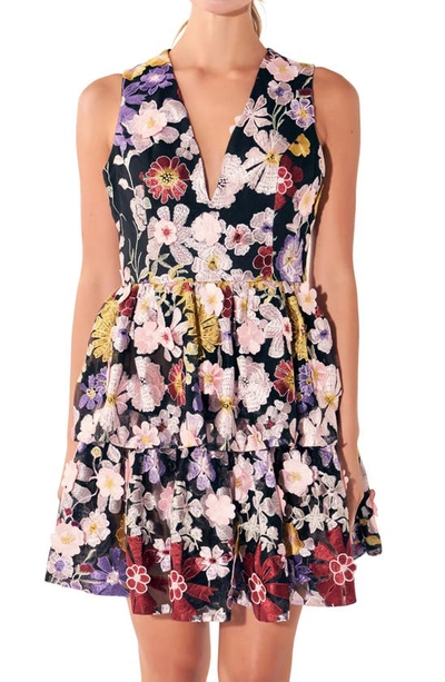 Endless Rose Tiered Embroidered Velvet Fit & Flare Minidress In Black Multi