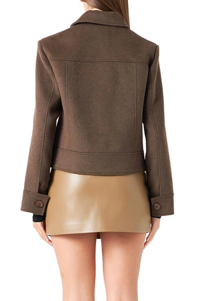 Shop Endless Rose Structured Wool Blend Crop Jacket In Chocolate