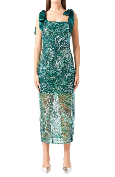 Endless Rose Sequin Tie Shoulder Midi Cocktail Dress In Green