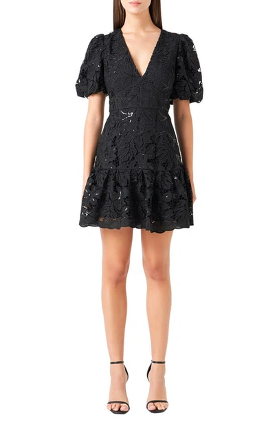 Endless Rose Women's Sequin Open-lace Puff-sleeve Mini Dress In Black