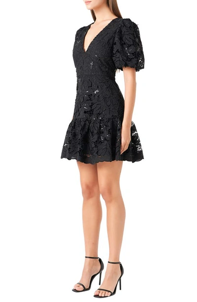 Endless Rose Women's Sequin Open-lace Puff-sleeve Mini Dress In Black