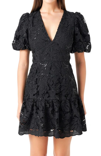 Endless Rose Women's Sequin Open-lace Puff-sleeve Mini Dress In Black