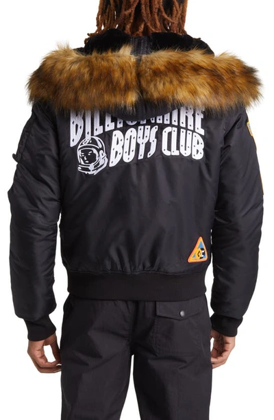 Shop Billionaire Boys Club Eucalyptus Faux Fur Trim Graphic Hooded Bomber Jacket In Black