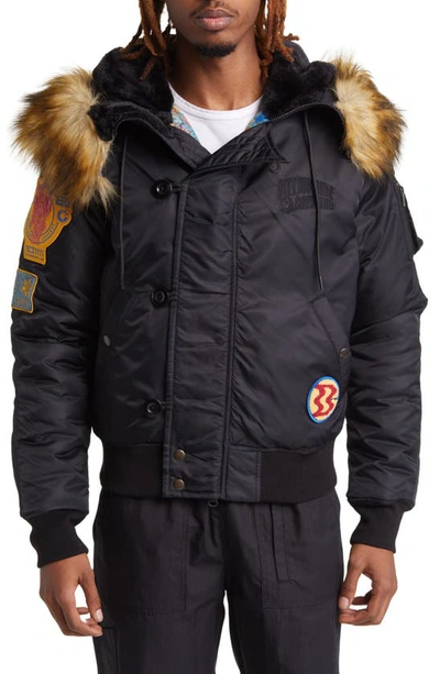 Shop Billionaire Boys Club Eucalyptus Faux Fur Trim Graphic Hooded Bomber Jacket In Black