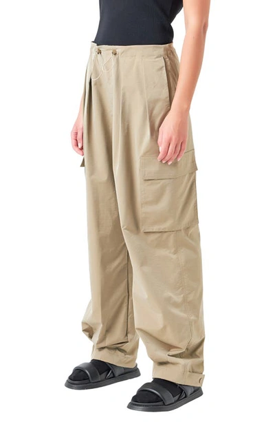 Grey Lab Pleated Low Rise Parachute Cargo Pants In Khaki