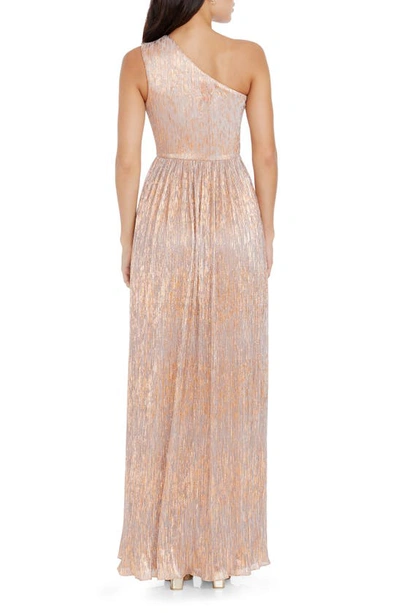 Dress The Population Kienna Metallic Cutout Detail One-shoulder Gown In Beige-bronze