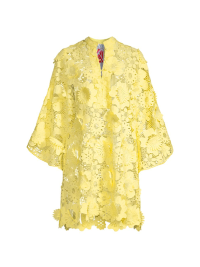 Shop La Vie Style House Women's Floral Lace Mini Caftan In Yellow