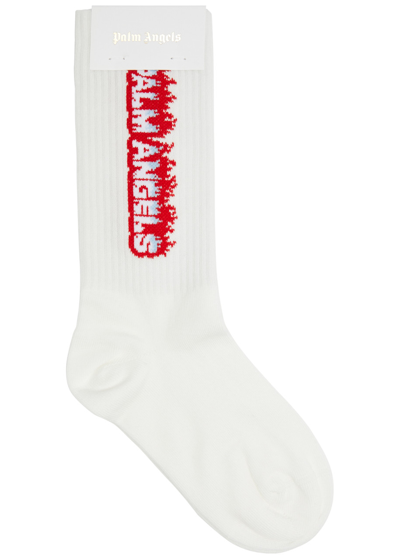 Shop Palm Angels Kids Flames Logo Cotton-blend Socks In White