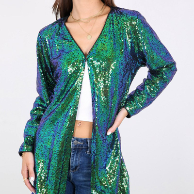 Shop Anna-kaci Sequin Open Front Cocktail Outerwear Jacket In Green