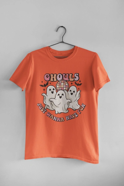 Shop Hipsters Remedy Ghouls Just Wanna Have Fun 80s Halloween Pop Culture T-shirt In Orange