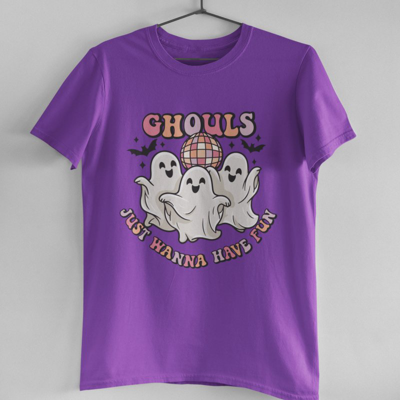 Shop Hipsters Remedy Ghouls Just Wanna Have Fun 80s Halloween Pop Culture T-shirt In Purple