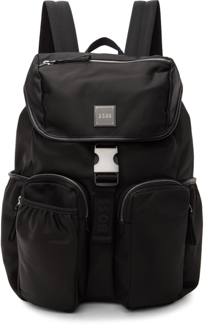 Shop Hugo Boss Black Flap-closure Logo Patch Backpack In Black 001