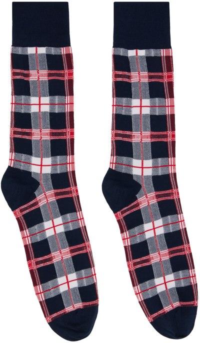 Shop Thom Browne Navy Check Socks In 415 Navy