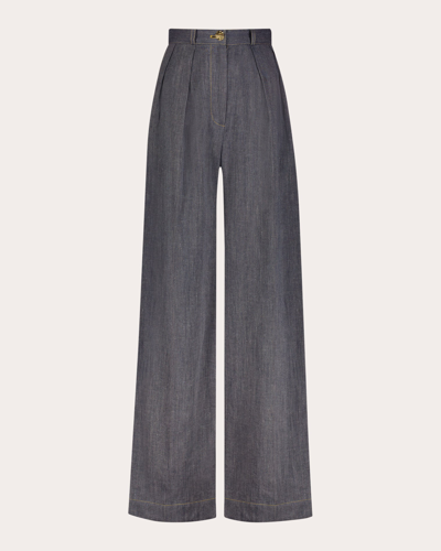 Shop Matthew Bruch Women's Button Pleated Denim Trousers Cotton/denim/linen In Blue