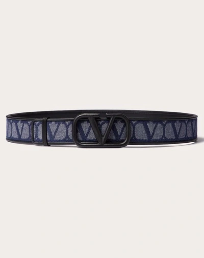 Shop Valentino Garavani Denim-effect Jacquard Toile Iconographe Belt With Leather Details In Denim/black