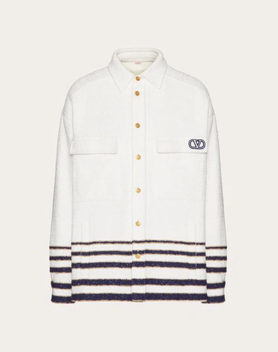 Shop Valentino Viscose And Cotton Tweed Jacket With Vlogo Signature Patch In White/navy/beige