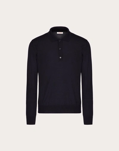 Shop Valentino Long-sleeve Cashmere And Silk Polo Shirt With Vlogo Signature Embroidery In Navy