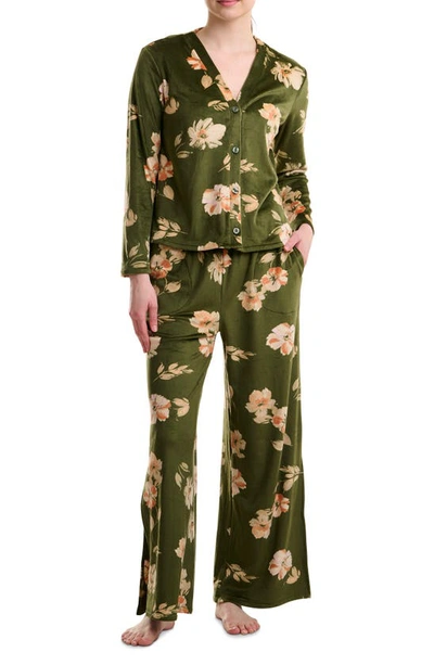 Shop Splendid Long Sleeve Wide Leg Velour Pajamas In Falling Flower