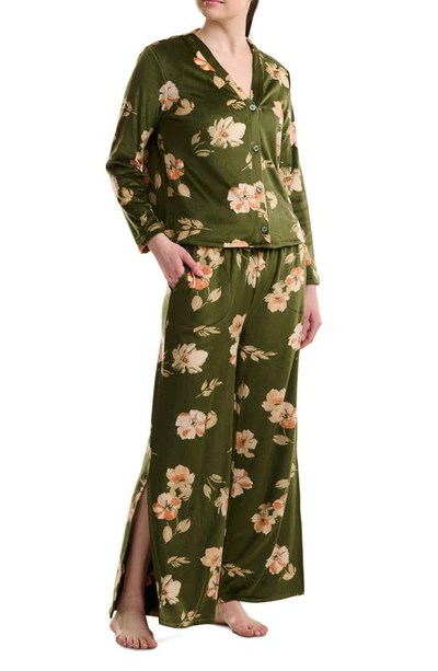 Shop Splendid Long Sleeve Wide Leg Velour Pajamas In Falling Flower