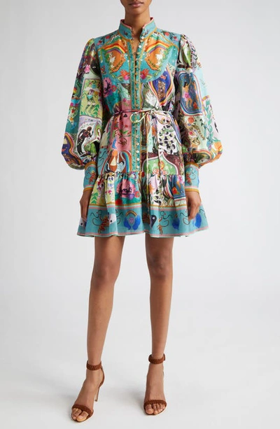 Shop Alemais Evergreen Belted Long Sleeve Button Front Fit & Flare Dress In Aqua Multi