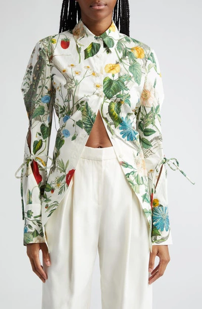 Shop Monse Floral Skeleton Print Cutout Cotton Button-up Shirt In Ivory Multi