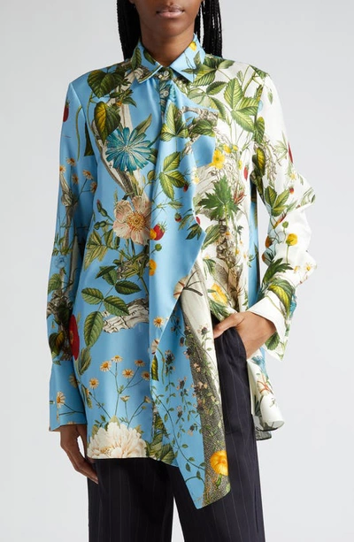 Shop Monse Floral Skeleton Print Silk Button-up Shirt In Blue/ Ivory Multi