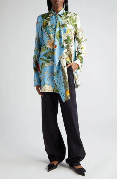 Shop Monse Floral Skeleton Print Silk Button-up Shirt In Blue/ Ivory Multi