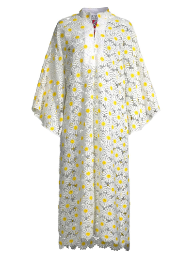 Shop La Vie Style House Women's Floral Lace Maxi Caftan Dress In White Yellow