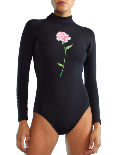 Shop Cynthia Rowley Women's Peony-print Long-sleeve Wetsuit In Black