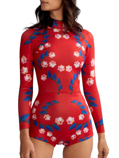 Shop Cynthia Rowley Women's Vine Floral One-piece Wetsuit In Red Vine Floral