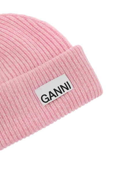 Shop Ganni Beanie Hat With Logo Label