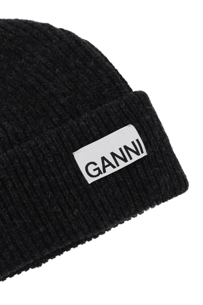 Shop Ganni Beanie Hat With Logo Label