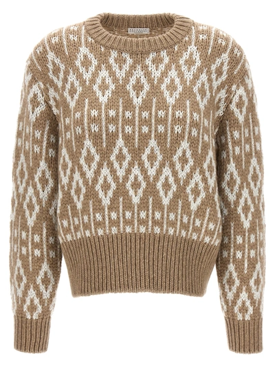 Shop Brunello Cucinelli Diamond Jaquard Sweater Sweater, Cardigans Beige