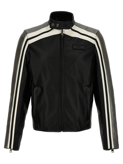 Shop Moschino Leather Jacket With Contrasting Bands Casual Jackets, Parka Black
