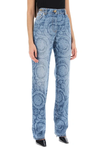 Shop Versace Barocco Straight Leg Jeans In Blue