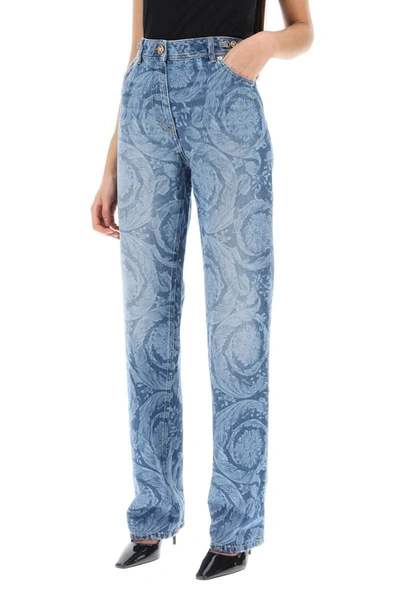 Shop Versace Barocco Straight Leg Jeans In Blue