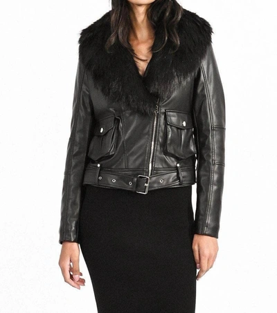 Shop Molly Bracken Faux Leather Moto Jacket With Faux Fur Collar In Black