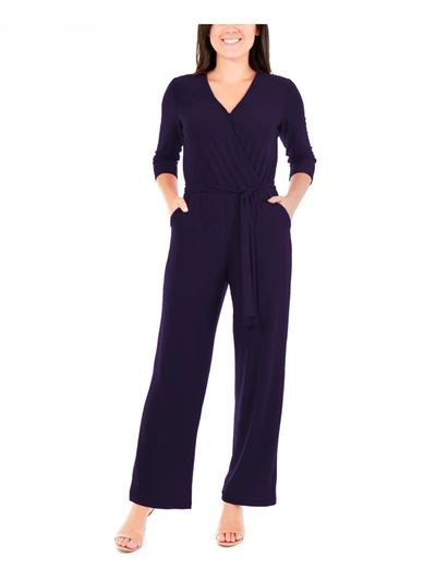 Shop Ny Collection Petites Womens V-neck Belted Jumpsuit In Blue