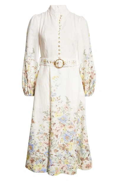 Shop Zimmermann Matchmaker Floral Belted Linen Midi Dress In Cream/ Blue Floral