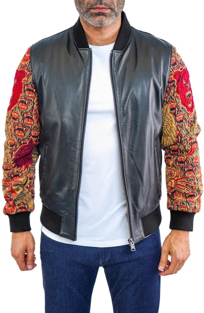 Shop Maceoo Dragon Sleeve Leather Bomber Jacket In Black