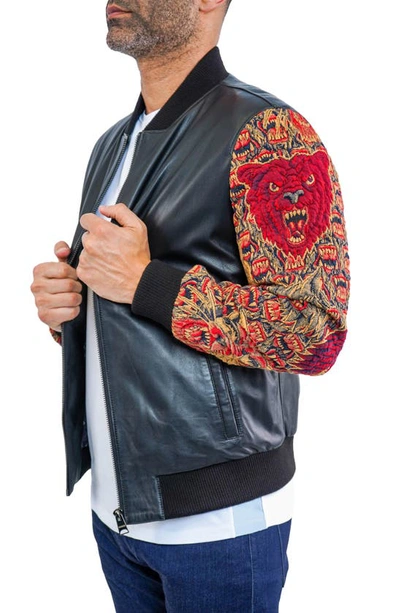 Maceoo Dragon Sleeve Leather Bomber Jacket In Black