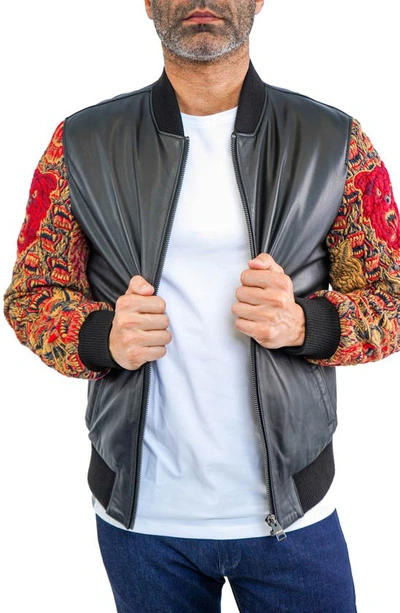 Maceoo Dragon Sleeve Leather Bomber Jacket In Black