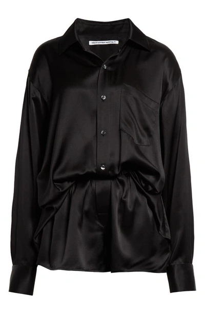 Shop Alexander Wang Boxer Short Silk Button-up Romper In Black