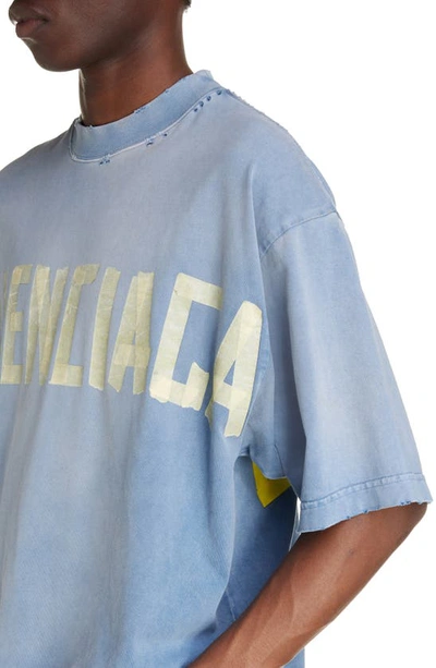 Shop Balenciaga Tape Logo Cotton Graphic T-shirt In Faded Blue