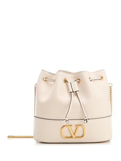Shop Valentino Vlogo Signature Drawstring Bucket Bag In White
