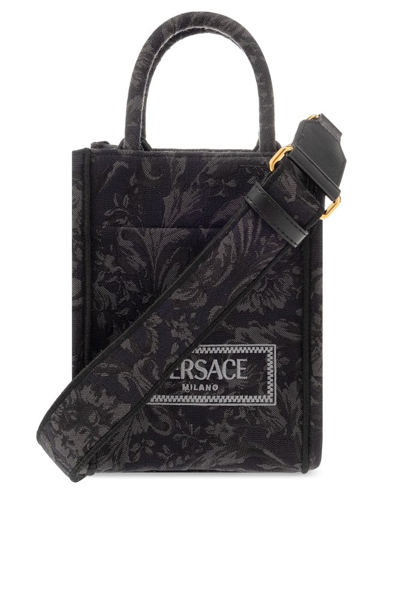 Shop Versace Athena Barocco Mini Top Handle Bag In Black