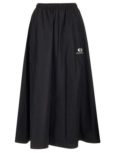 Shop Balenciaga Logo Detailed Elastic Waist Flared Skirt In Black